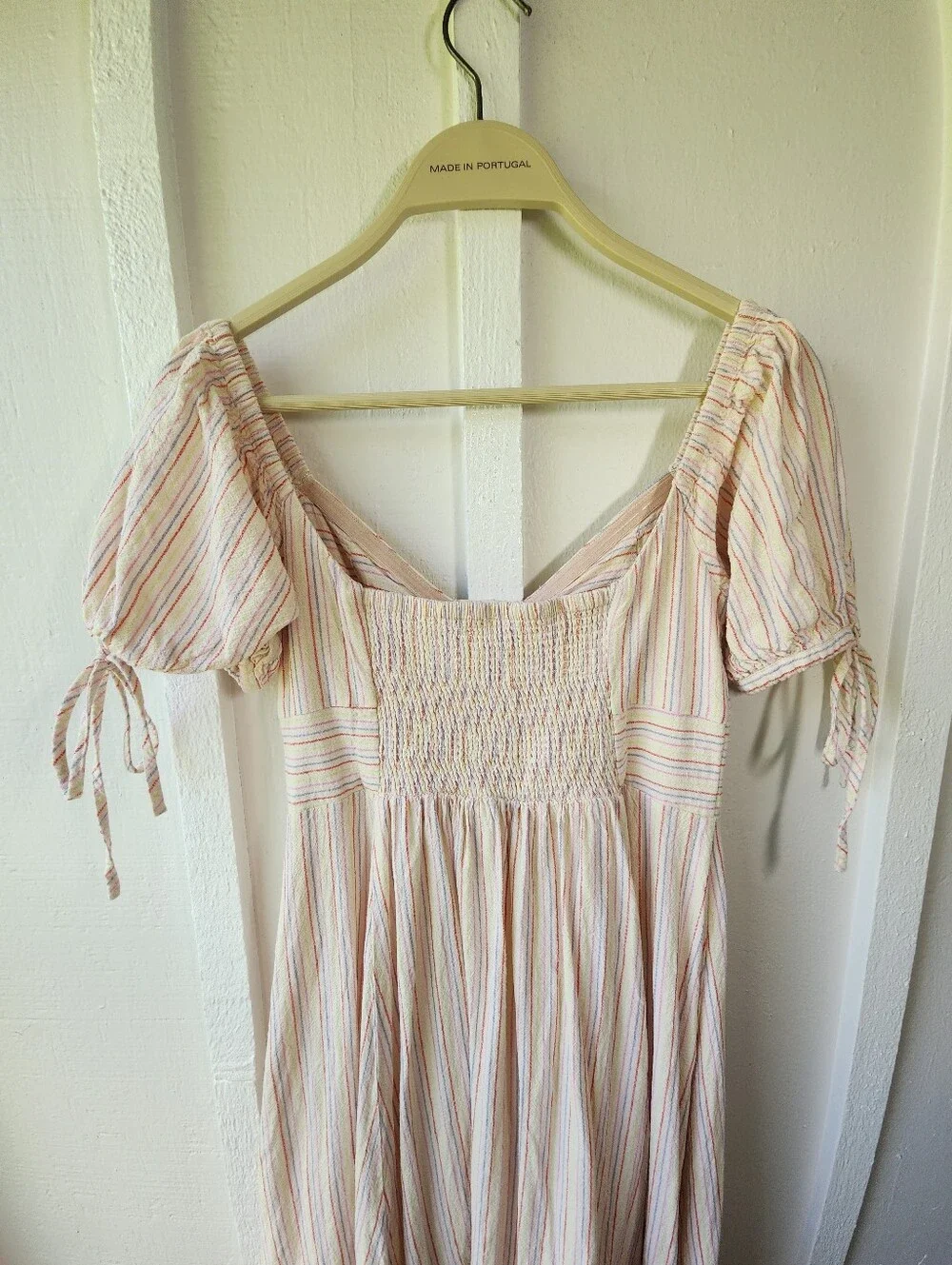 Free People Sunshine Eyes Linen Midi Dress Cream Stripe Puff-Sleeve Size XS